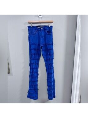 SPARK Men's Premium Denim Stretch Distressed Stack Jeans.  Bright Blue
